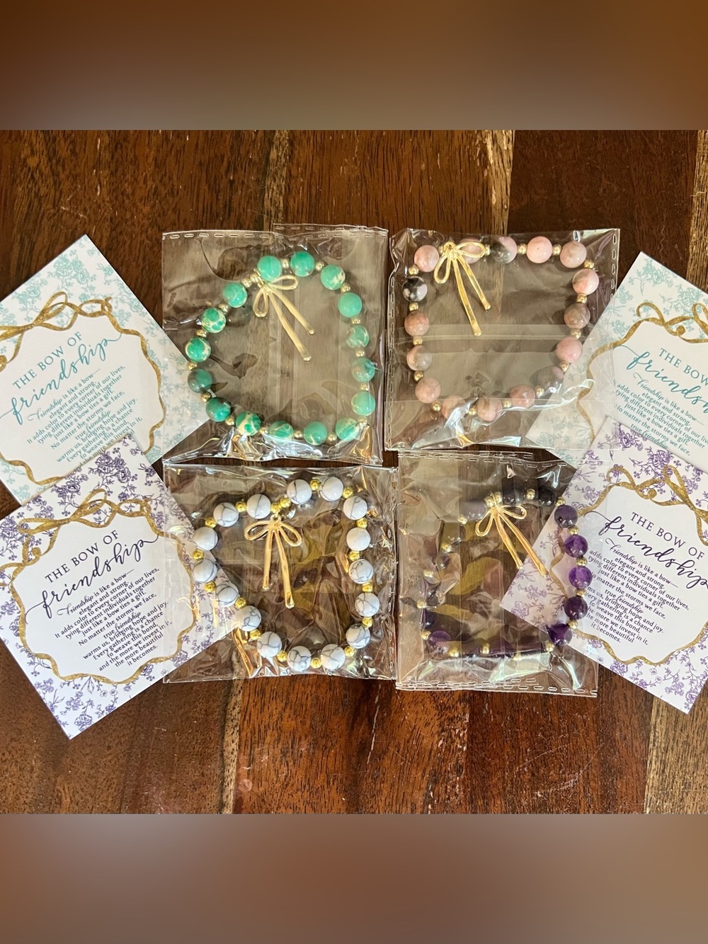 Set of 4 Beaded Stretch Bracelets - Turquoise, Pink, White Marble, Purple